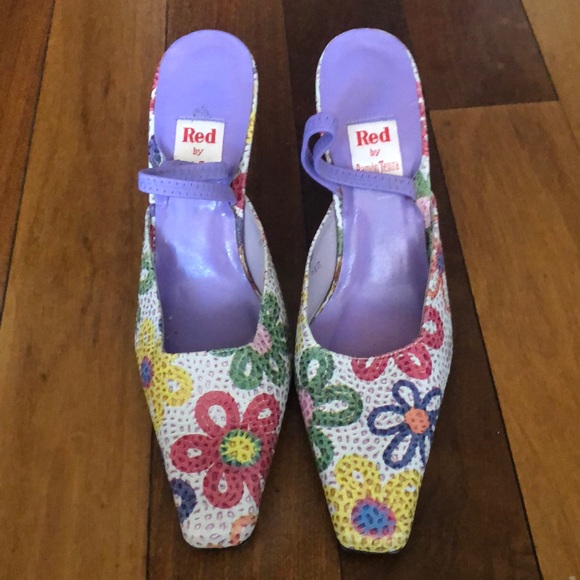 New “Red” by Ramon Tenza floral sling back mules with sculpted heel size 6.5 - Picture 1 of 8